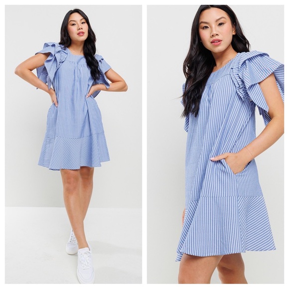 08 Stripe Pattern Ruffled Sleeve Dress - Picture 4 of 4